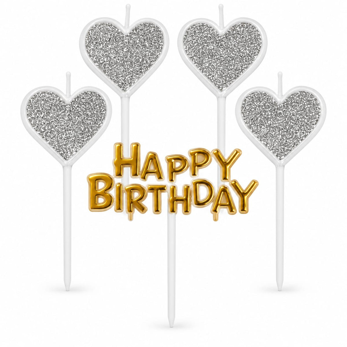 4 Silver Glitter Heart Shape Candle With Happy Birthday Cake Topper