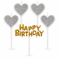 4 Silver Glitter Heart Shape Candle With Happy Birthday Cake Topper