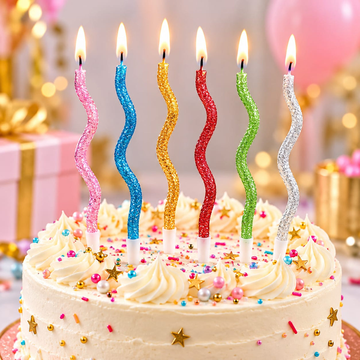 Colourfull Glitter Twisty Candle Pack of 6  For Cake Decoration