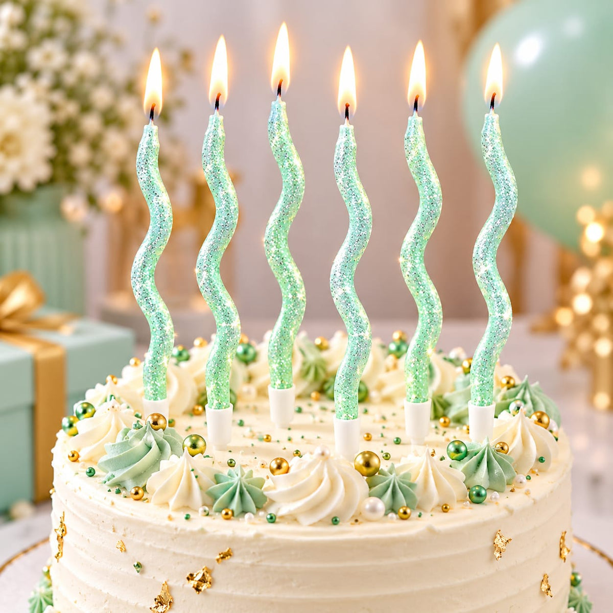 Green Glitter twisty Candle Pack of 6 For Cake Decoration