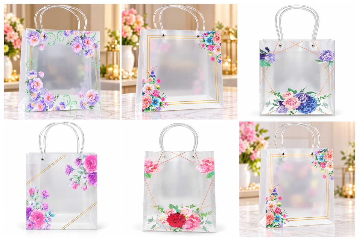 Transparent Floral Gift Bag (Random Design) Pack of 5