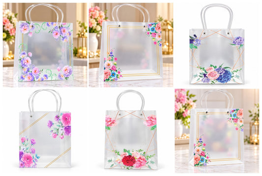 Transparent Floral Gift Bag (Random Design) Pack of 5