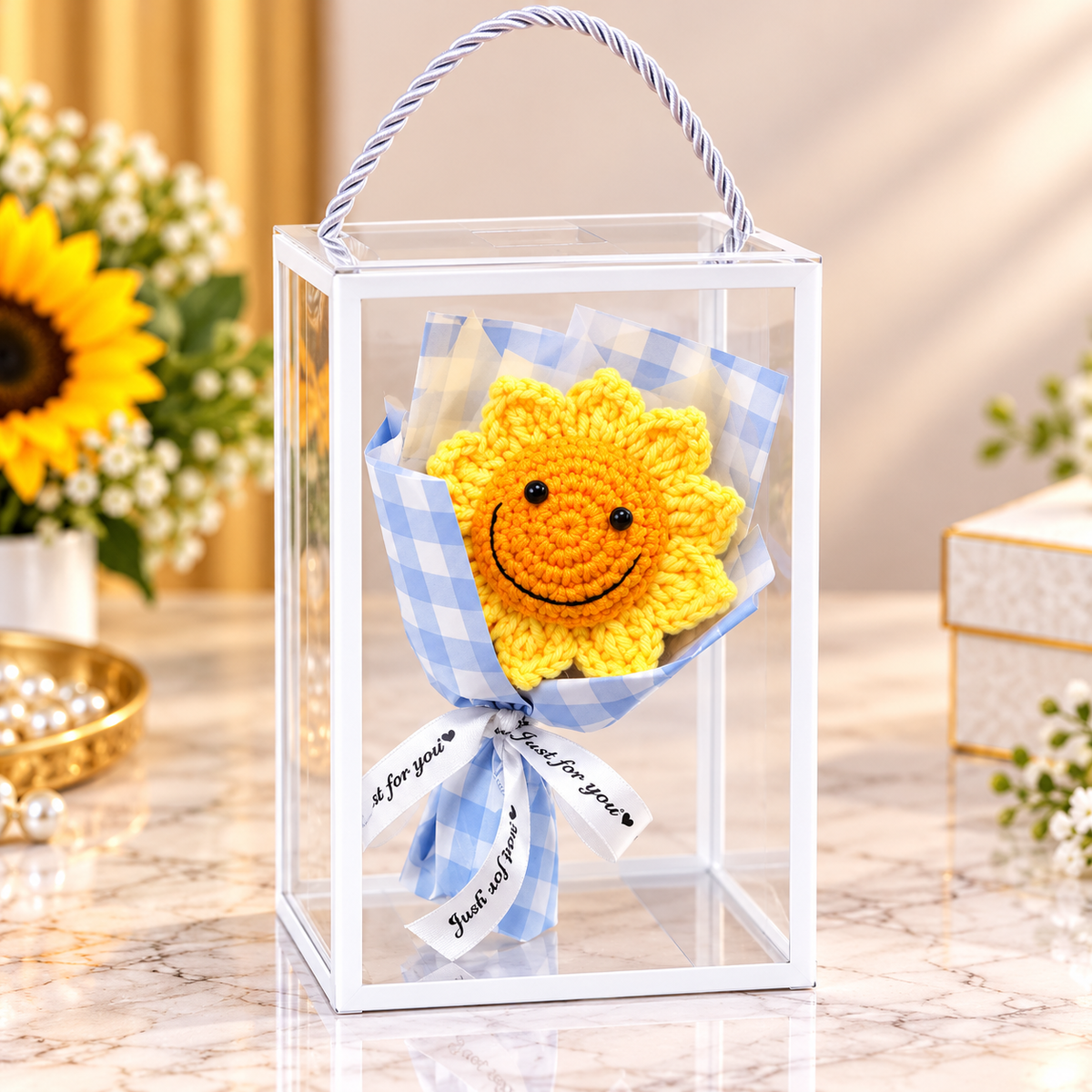 Handmade Crochet Smiley Sunflower Bouquet Gift Box