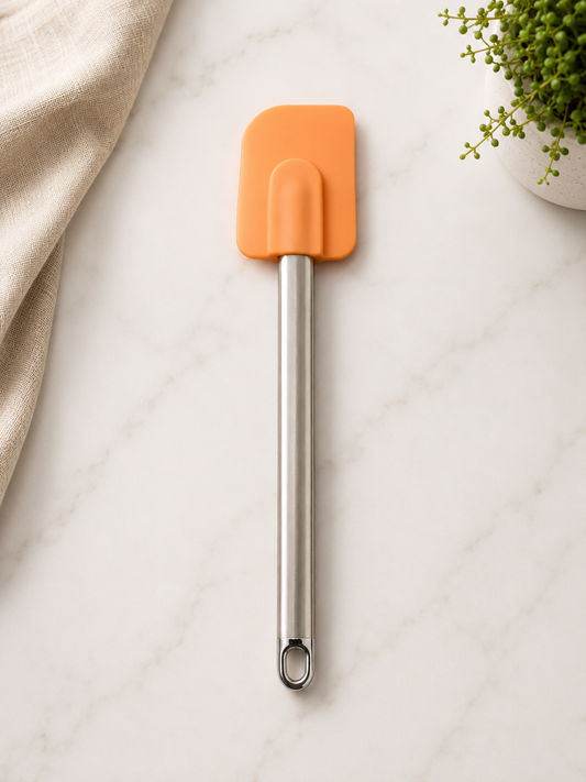 Stainless steel and silicone spatula with an orange head
